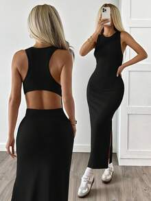 SHEIN EZwear 女式黑色针织露背紧身无袖连衣裙 - 黑色 - 查看 1