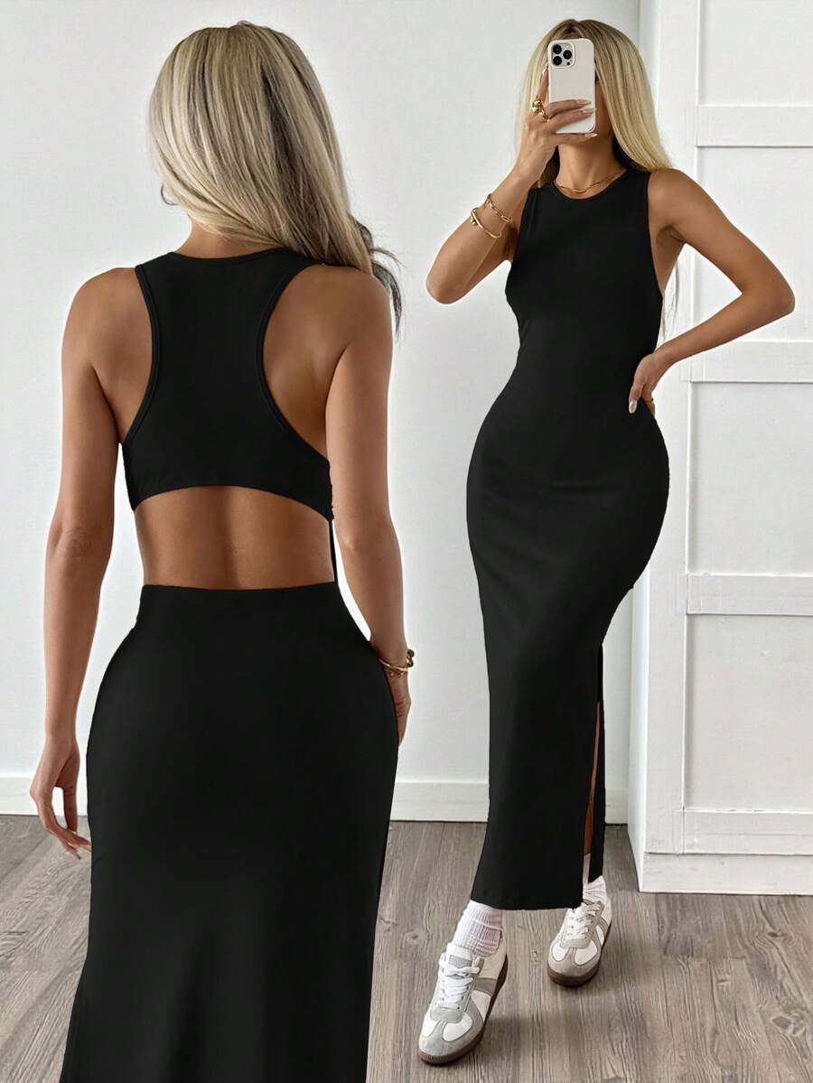 SHEIN EZwear 女式黑色针织露背紧身无袖连衣裙 - 黑色 - 查看 1