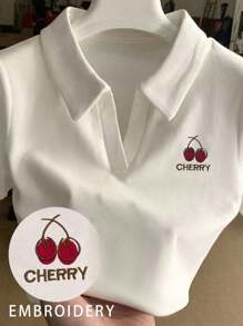 SHEIN Plus Size Cherry Print Short Sleeve T-Shirt, Summer Casual - White - View 1