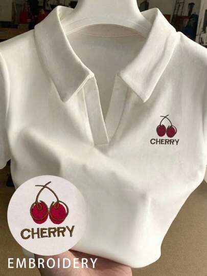 SHEIN Plus Size Cherry Print Short Sleeve T-Shirt, Summer Casual