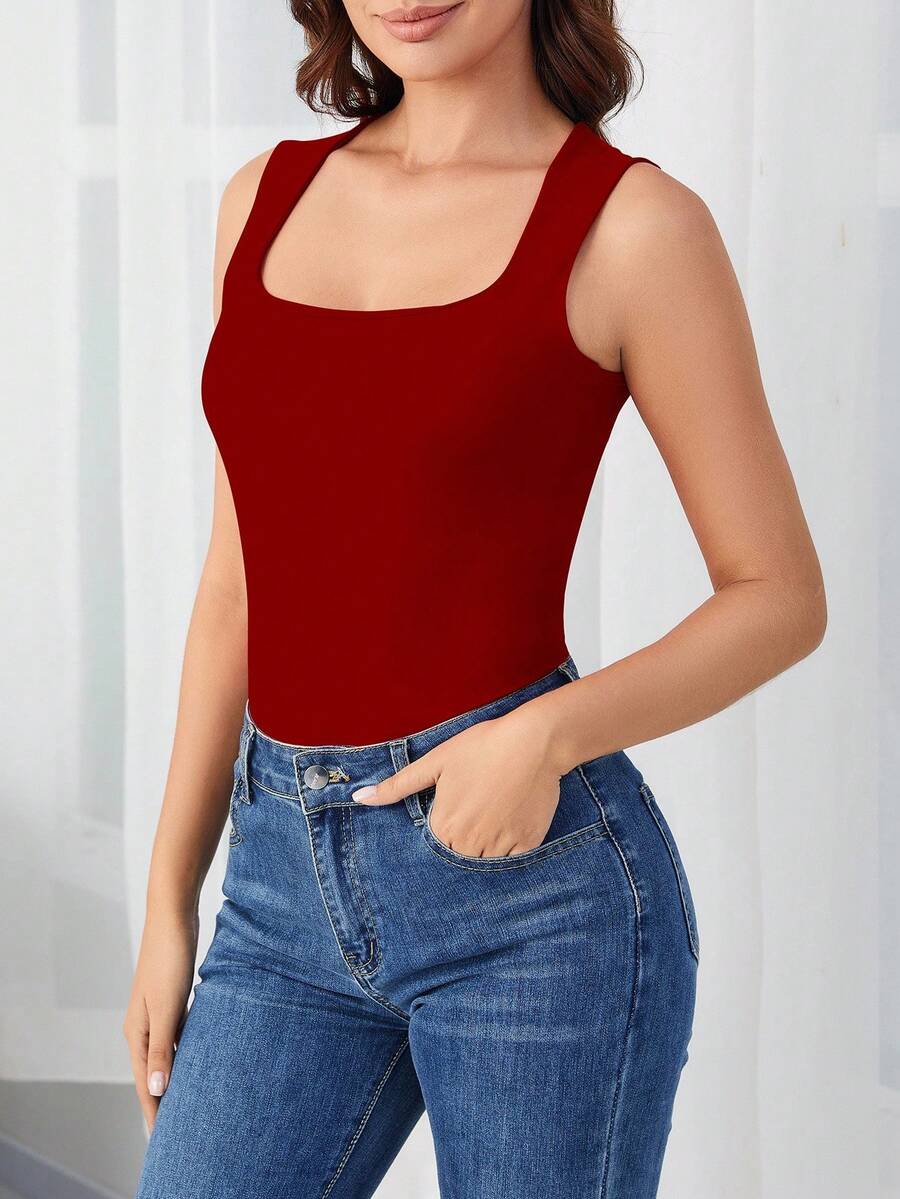 INAWLY Body casual de unicolor con cuello cuadrado para mujeres, verano - Rojo - Ver 1
