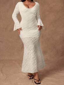 Rustia Plus Size Women's Elegant Lace Patchwork Flare Sleeve Long Dress, Patchwork Ruffle Hem Mermaid Fitted Dress, Autumn/Winter Fall Cloth For Women - Apricot - View 4