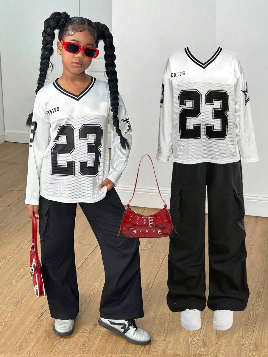 SHEIN Tween Girl Casual Street Fashion Black And White Jersey Print Long Sleeve Top And Pants Set,Autumn Cow Boy School Back-To-School Loose Fit Outfits - Black - View 1