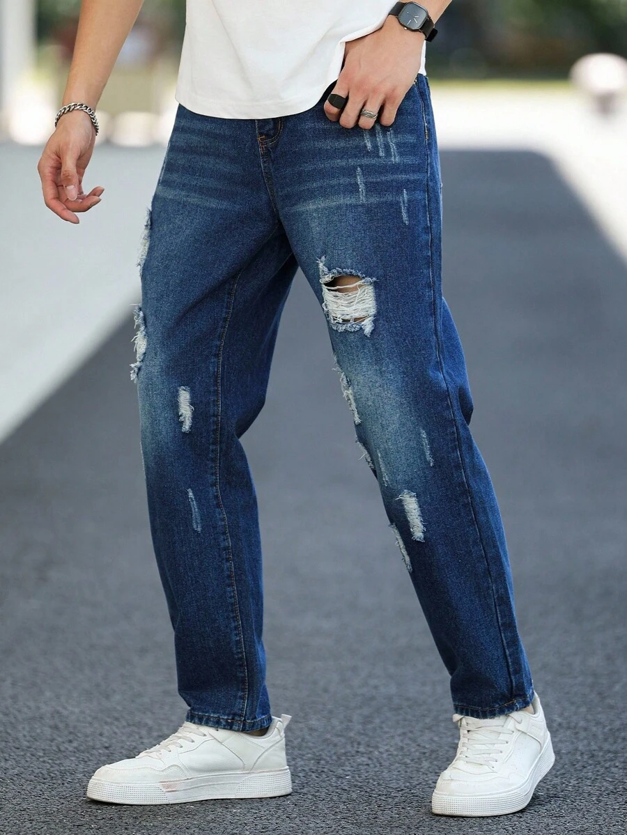 Manfinity Homme 男士休闲破洞洗水牛仔裤，磨边牛仔裤纯色深蓝色长直筒工装牛仔裤，适合送给老公、男朋友的礼物 - 藍色 - 查看 1
