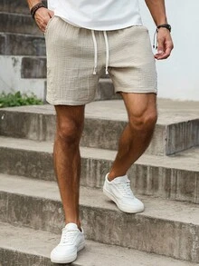 Manfinity Homme Plus Size Men's Solid Color Cotton Drawstring Waist Pocket Casual Shorts