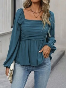 EMERY ROSE 女式休闲纯色方领灯笼袖褶饰荷叶边上衣，春秋装 - 水鴨藍 - 查看 3