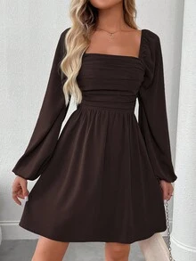 EMERY ROSE Vestido mini de mujer de unicolor con cuello cuadrado, mangas farol y drapeado de moda - Marrón Chocolate - Ver 5