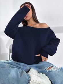 Flirla Women's Casual Everyday Solid Color Asymmetrical Neck Loose Pullover Sweatshirt Fall Cloth For Women - Navy Blue - View 3