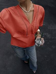 Siren Gaze 女式条纹蕾丝边亚麻混纺衬衫 - 紅木色 - 查看 5