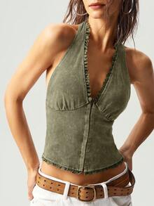 Bohemela 女式休闲纯色针织露背修身短款水洗衬衫 - 橄欖綠 - 查看 3