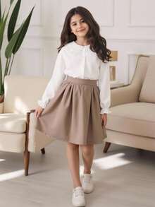 Tween Girls' Peter Pan Collar Shirt With Eyelet Embroidery And Bell Sleeves - White - View 2