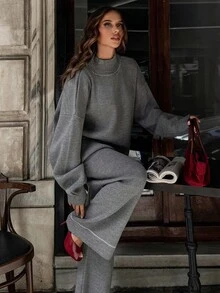 EURMUSE Women Solid Color Mock Neck Pocket And Stitch Detailed Pullover & Sweater Pants Set Grey Two Piece Set Knit Two Piece Set Two Piece Set Women Womens Knit Set Comfortable Two Piece Set,Winter Clothes - Grey - View 2
