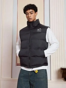 SWAVVY Men's Zip Front Casual Chest Letter Print Puffer Vest, Winter, Fall - Black - View 3