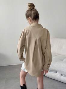 Tween Girl Casual Versatile Striped Patchwork Hoodie - Khaki - View 2