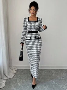 Elenzga Women's Elegant Autumn Long Sleeve Jacquard Black & White Decorative Pocket Plaid Textured Bodycon Maxi Dress, Versatile For Commute And Date