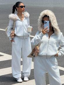 SHEIN EZwear 2 Pieces Women's Autumn Winter Casual Plush Thickened Fur Collar Hoodie And Sweatpants Set Halloween Costumes Women Christmas Costumes Gothic Women's Clothing,Fall - Grey - View 1