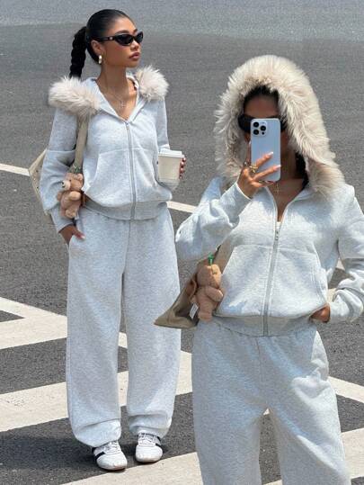 Muchica 2 Pieces Women's Autumn Winter Casual Plush Thickened Fur Collar Hoodie And Sweatpants Set Halloween Costumes Women Christmas Costumes Gothic Women's Clothing,Fall