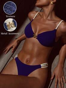 Swim Chiccia Women's Elegant Sexy Beach Vacation Party Swimsuit Set, Metallic Starfish Decor Triangle Cup Bikini, Textured Fabric Navy Blue & Apricot Swimsuit Set - Navy Blue - View 1