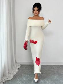 Selianne Autumn/Winter New Off Shoulder Ruffle Heart Intersect Knitted Slim Fit Long Sweater Dress For Women - Apricot - View 5