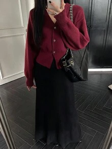 DAZY Women's Casual V-Neck Cardigan, Solid Color, Autumn - Burgundy - View 3