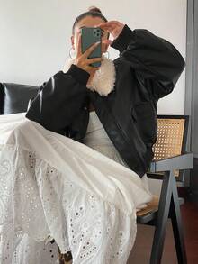 DAZY Damen Gepolsterter Mantel, PU Patchwork Oversized Flauschiger Kragen, Locker Sitzender Kurzer Stil, Thermisch Gefüttert, Verdickt, Motorrad Pilotenjacke Mit Fellkragen, Süß & Cool, Herbst/Winter