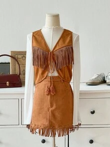 SHEIN MOD Women Bohemian 70s Fringe Sleeveless Jacket, Autumn Outerwear Tops,Fall Women Jackets,Western Jacket,Cowboy Jecket