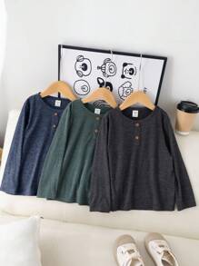 SHEIN 男童三件套舒适休闲风格木纹质感面料纽扣 Polo 领长袖 T 恤，三种颜色可选，适合居家、休闲、户外、玩耍、学校、校园、学院等场合，秋冬季时尚百搭。 - 藍色 - 查看 4