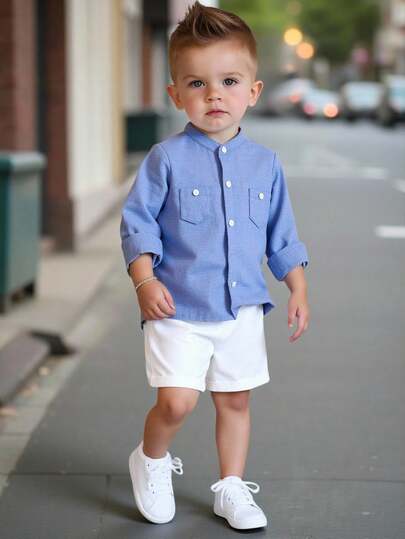 Bubblio 2 件套男婴休闲都市风格长袖中式领衬衫和松紧腰短裤套装，适合生日派对、晚会、表演、婚礼、满月、洗礼和 1 岁生日庆祝、婴儿洗礼