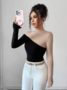 Elenzga Áo len dệt kim đơn giản màu tương phản cổ lọ thanh lịch dành cho nữ - màu đen - Xem 1