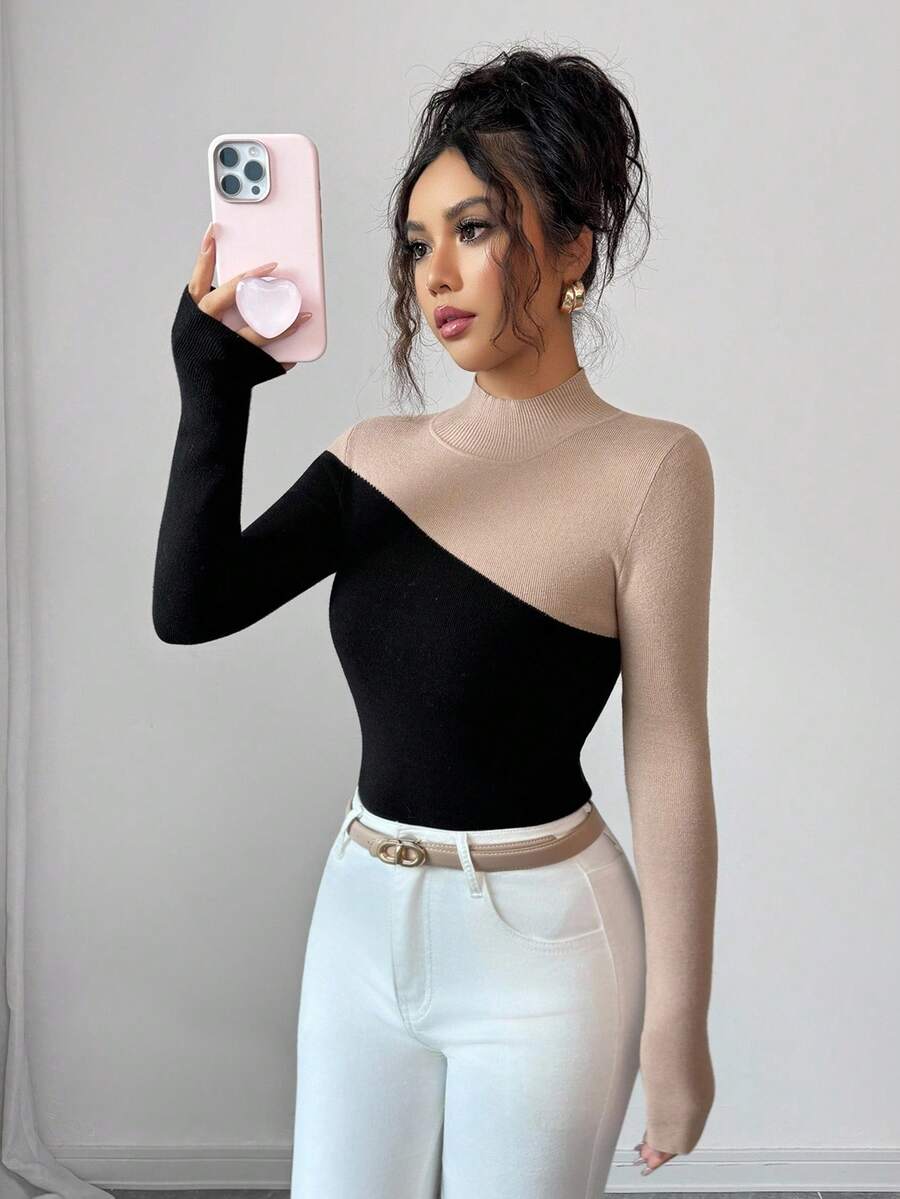 Elenzga Áo len dệt kim đơn giản màu tương phản cổ lọ thanh lịch dành cho nữ - màu đen - Xem 1