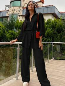 Cottnline Cotton Flap Pocket Drop Shoulder Drawstring Waist Blouse & Pants - Black - View 3