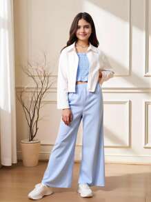 Tween Girl Solid Blouse & Wide Leg Pants & Shirred Cami Top - Blue - View 2