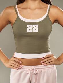 MISSGUIDED Áo Cami hai lớp dáng ngắn, in số, không tay, kiểu dáng thể thao, thiết kế retro, thời trang mùa hè, kiểu áo layering cơ bản. - xanh quân đội - Xem 1