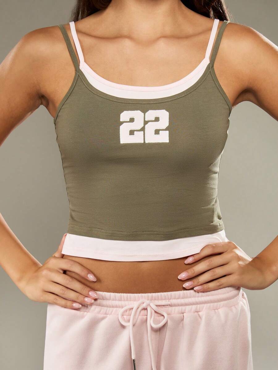 MISSGUIDED Áo Cami hai lớp dáng ngắn, in số, không tay, kiểu dáng thể thao, thiết kế retro, thời trang mùa hè, kiểu áo layering cơ bản. - xanh quân đội - Xem 1