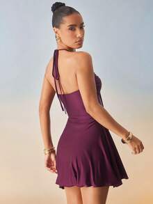 Hauture Women's Round Black Pearl Metal Decor Mini Dress - Purple - View 3