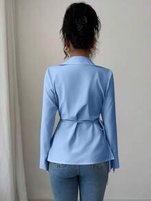 Elenzga Women's Solid Color Crossed Wrap Front Long Sleeve Casual Versatile Shirt - Blue - View 2