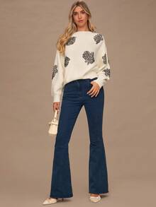 Enchnt Women's White Floral Sequin Drop Shoulder Long Sleeve Loose Casual Sweater,Elegant Autumn Clothes For Brunch, Sweet&Fashionable Party Top - Beige - View 5