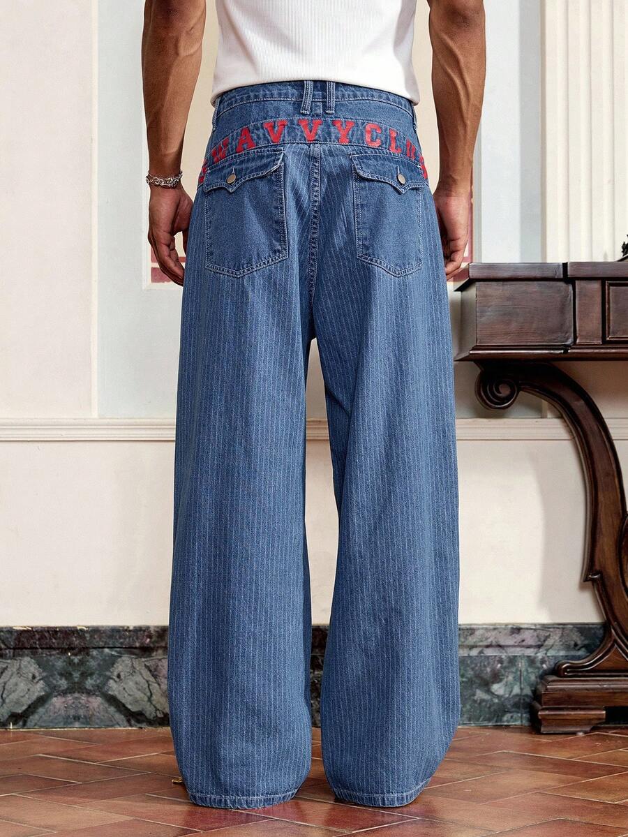 SWAVVY Jeans de mezclilla casual estadounidense, pantalones rectos con estampado de rayas de estilo punk chic - Azul - Ver 1