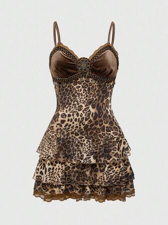Hippie Vintage Western Cowboy Hippie Velvet Patchwork Leopard Print Asymmetrical Hem Slip Dress