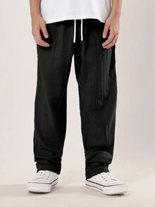 SUMWON 男童褶皱棉质抽绳裤休闲直筒宽松长款日常下装宽松舒适校服四季基本款 - 黑色 - 查看 7