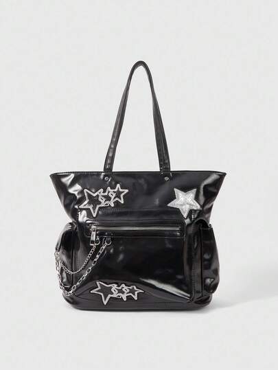 Grunge Punk Damen Punk Stil Große Kapazität Reißverschluss Design Multi-Stern Shopper Tasche