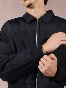 SUMWON 短款飞行员夹克高级时尚哈灵顿领黑色加厚冬季外套街头风格拉链前部都市现代休闲装 - 黑色 - 查看 5