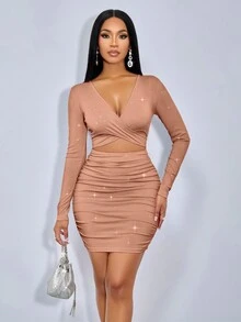 SOLERSUN Women's Solid Color Cross Wrap Halter Neck Fitted Sexy Hollow Out Long Sleeve Dress Fall Cloth For Women - Brown - View 5