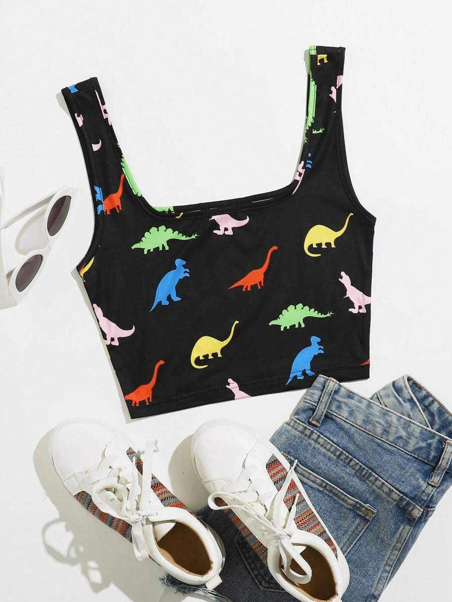SHEIN EZwear Dinosaur Print Tank Top - Black - View 1