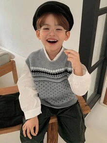 Hapijoa Young Boys Casual Patterned Jacquard Knit Sweater, Japanese Style, Autumn Vest - Grey - View 7