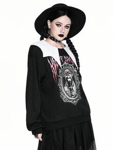 ROMWE Cute Mischievous Gothic Halloween Bat Shaped Collar Bride Print Loose Fleece Pullover Sweatshirt For Women - Black - View 6