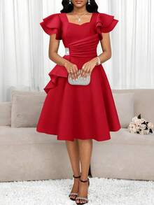 SHEIN Lady Vestido de verano elegante de mujer con volantes y adornos de strass en la cintura - Rojo - Ver 5