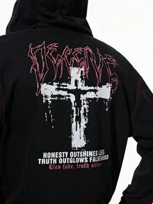 ROMWE MEN Grunge Punk Men's Dark Casual Style Front Button Long Sleeve Cross Denim Jacket Halloween - Black - View 2