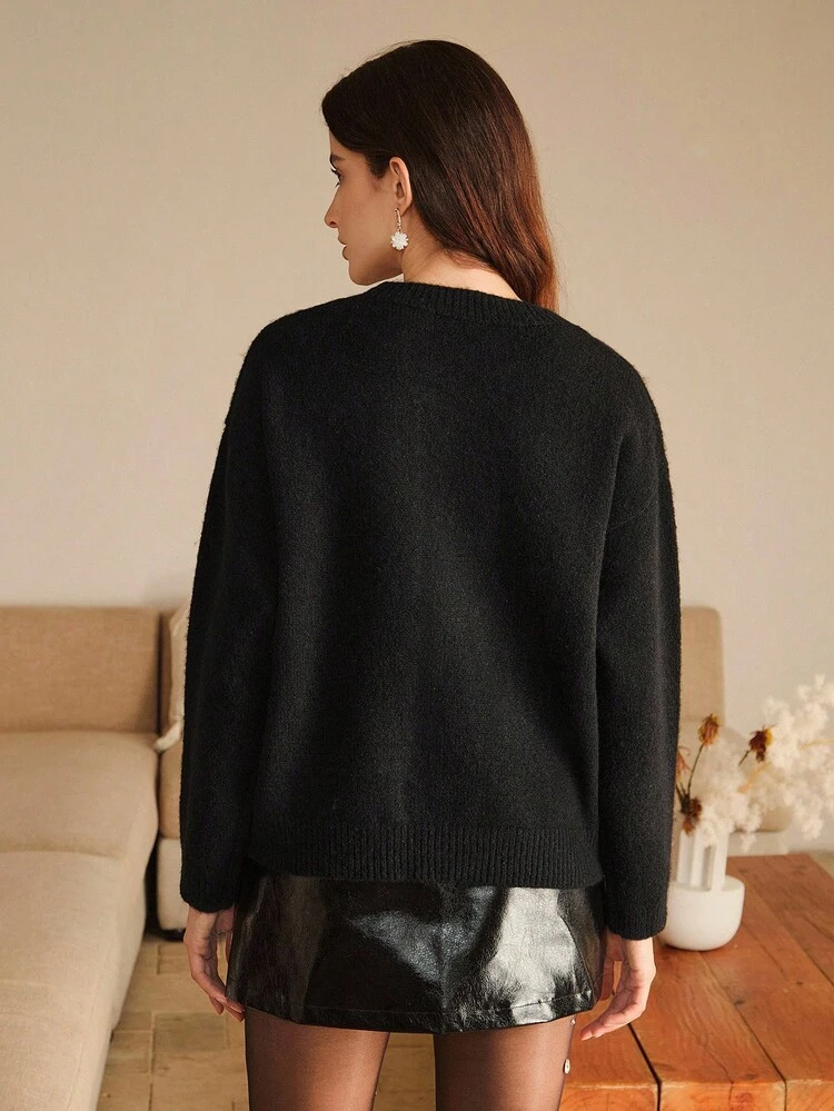 Elegant Casual Bowknot Sequin Embroidery Crew Neck Sweater, Suitable For Fall, Winter, New Year, Chic, Stylish, Christmas, Going Out, Cozy Winter Clothes For Women