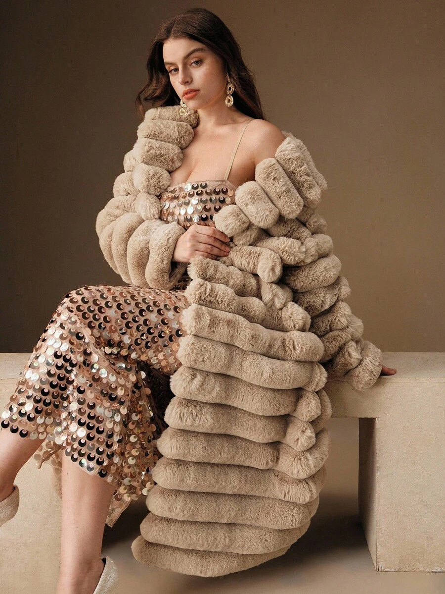 Anewsta 新款秋冬人造毛皮长款大衣，时尚女式人造兔毛夹克 - 米色 - 查看 1